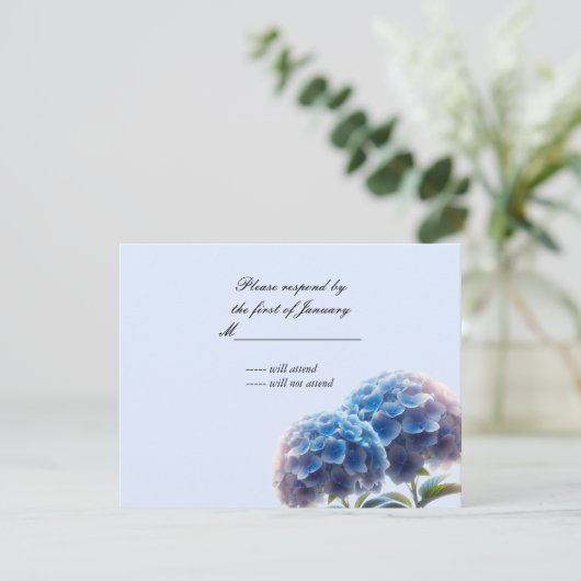 Stralende Elegantie Blauwe Hortensia Wedding RSVP (Staand voorkant)