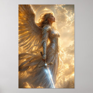 Stralende engel krijger in gouden licht poster