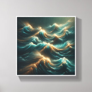 Stralende Golvende Golven - Moderne Teal en Gouden Canvas Afdruk