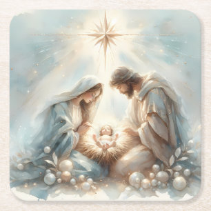 Stralende Heilige Familie Kerststal Kartonnen Onderzetters