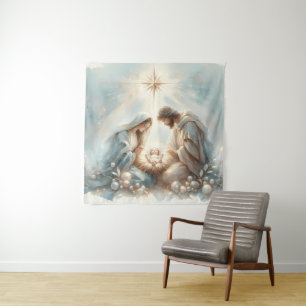 Stralende Heilige Familie Kerststal Scene Wandkleed