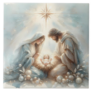 Stralende Heilige Familie Kerststal Tegeltje