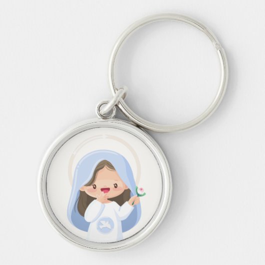 Stralende Kawaii Maagd Maria met Bloem - Wit Sleutelhanger (Voorkant)