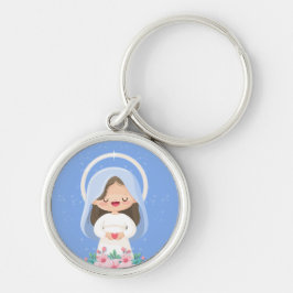 Stralende Kawaii Maagd Maria met Hart – Licht Blau Sleutelhanger