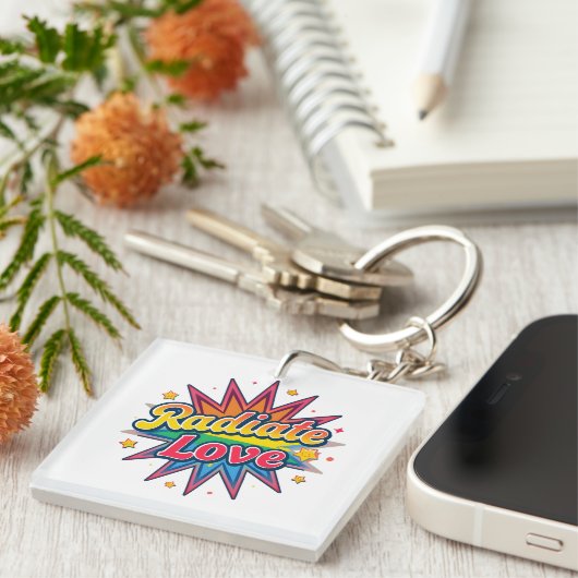 Stralende Liefde Retro Design – Positieve Vibes Sleutelhanger (Voorkant Rechts)
