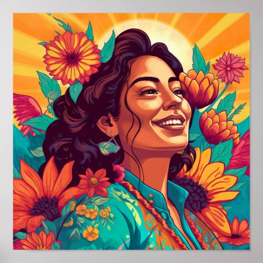 Stralende Mexicaans-Amerikaanse Vrouw Bloemen Prin Poster (Voorkant)