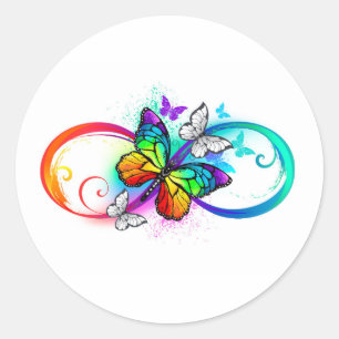 Stralende oneindigheid met regenboog vlinder ronde sticker