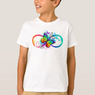 Stralende oneindigheid met regenboog vlinder t-shirt