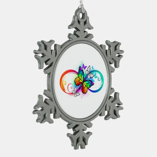 Stralende oneindigheid met regenboog vlinder tin sneeuwvlok ornament (Links)