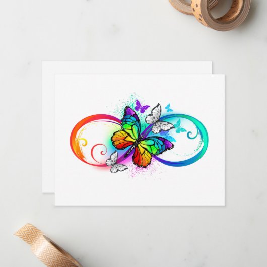 Stralende oneindigheid met regenboogvlinder notitiekaartje (Voorkant / Achterkant in situ)