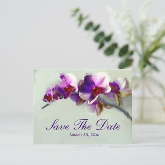 Stralende orchidee schilderij Sla de datum bruilof Aankondigingskaart (Staand voorkant)