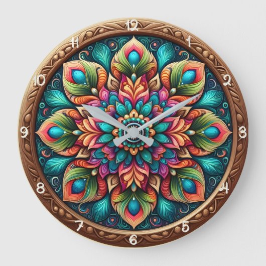 Stralende Pauwveer Mandala Grote Klok (Voorkant)