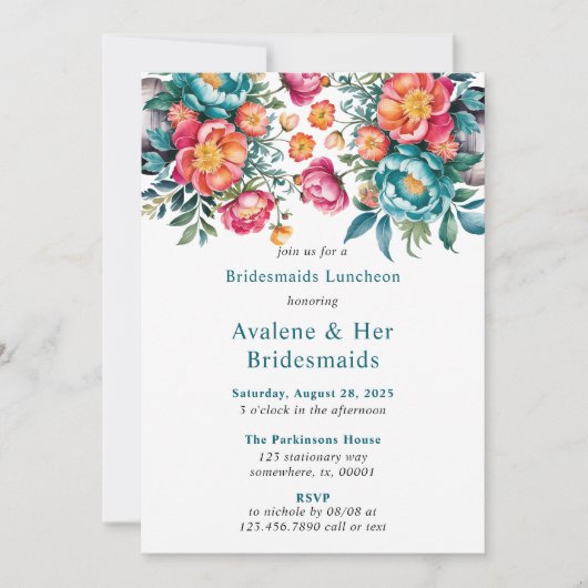 Stralende pioen boeket bruidsmeisjes lunch kaart (Voorkant)