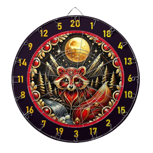 Stralende rode en witte wasbeer onder gouden gloed dartbord (Voorkant)