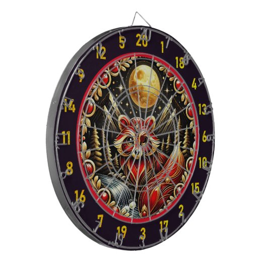 Stralende rode en witte wasbeer onder gouden gloed dartbord (Voorkant Links)
