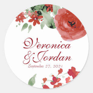 Stralende Rode Waterverf Rozen Trouwstickers Ronde Sticker