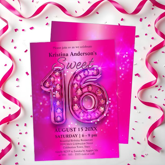 Stralende Roze Chic Sweet 16 met Glitterende Juwel Kaart