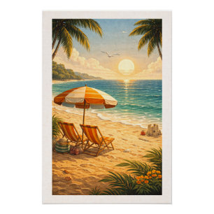 Stralende Tropische Strand Zonsondergang Retro Vak Perfect Poster