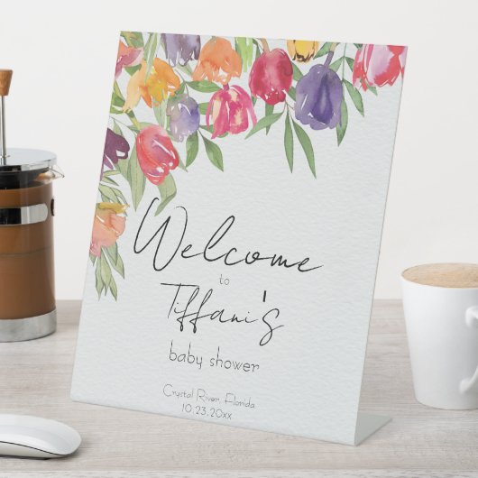 Stralende Tulpen Levendig Bloemen Baby shower Reclamebord Met Voetstuk (Insitu)
