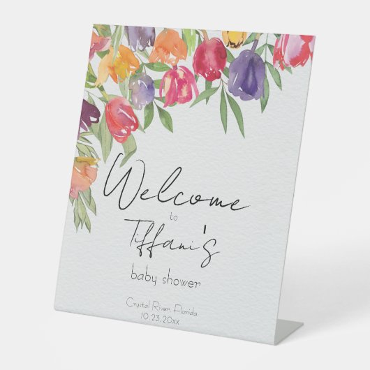 Stralende Tulpen Levendig Bloemen Baby shower Reclamebord Met Voetstuk (Voorkant)