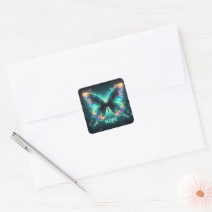 Stralende veelkleurige vlinder die hoop uitbeeldt vierkante sticker