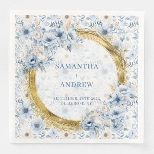 Stralende Waterverf Pastel Blauw Goud Trouwservet Servet (Voorkant)