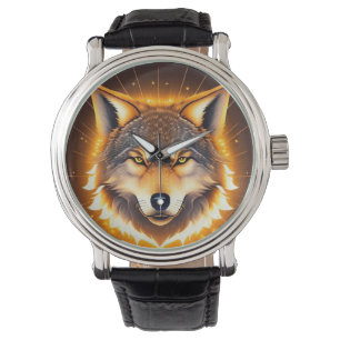 Stralende Wolf Gezicht Verlicht door Gouden Licht Horloge