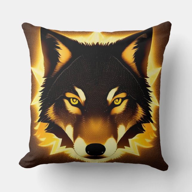 Stralende Wolf Gezicht Verlicht door Gouden Licht Kussen (Voorkant)