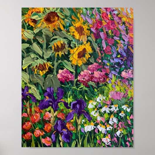 Stralende Zomer Zonnebloem en Iris Weide Olieverf Poster (Voorkant)