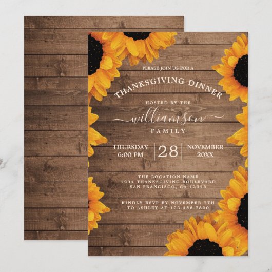 Stralende Zonnebloem Rustiek Hout Thanksgiving Din Kaart (Voorkant / Achterkant)