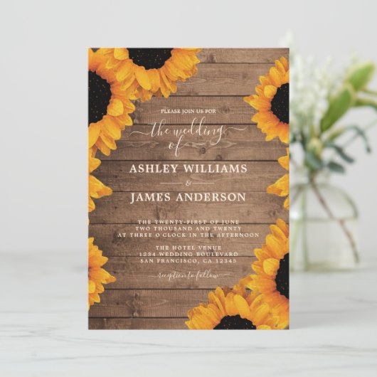 Stralende Zonnebloem Rustieke Bruiloft Kaart (Staand voorkant)