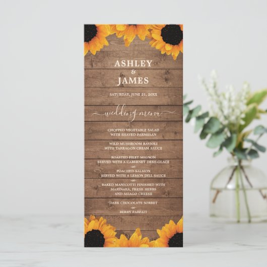 Stralende Zonnebloem Rustieke Houten Trouwdag Menu (Staand voorkant)