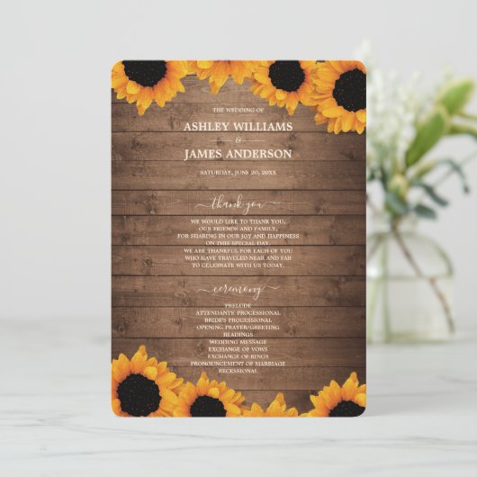 Stralende Zonnebloem Rustieke Houten Trouwprogramm Programmakaart (Staand voorkant)
