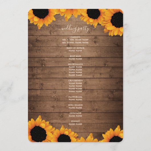 Stralende Zonnebloem Rustieke Houten Trouwprogramm Programmakaart (Achterkant)