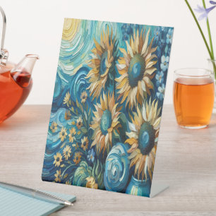 Stralende Zonnebloemen met Tranquil Blue Surround Reclamebord Met Voetstuk