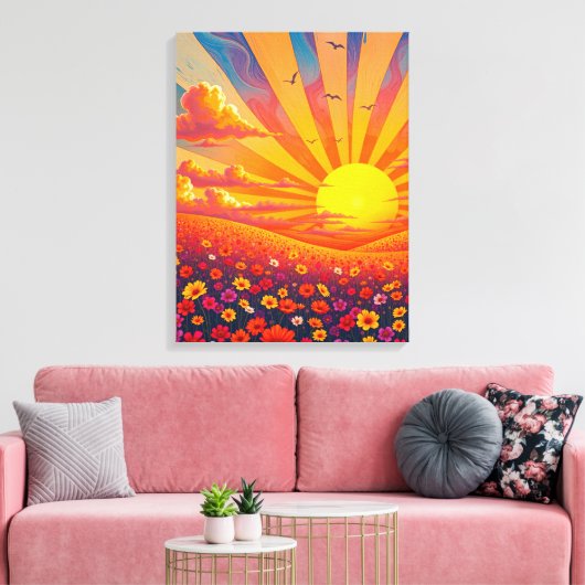 Stralende zonsondergang over grillig landschap canvas afdruk (Insitu (Woonkamer))