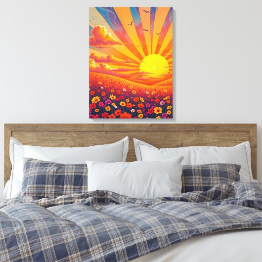 Stralende zonsondergang over grillig landschap canvas afdruk (Insitu (Slaapkamer))