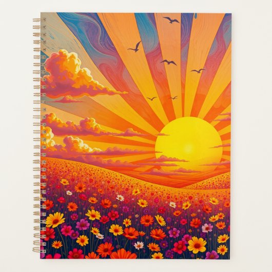 Stralende zonsondergang over grillig landschap planner (Voorkant)