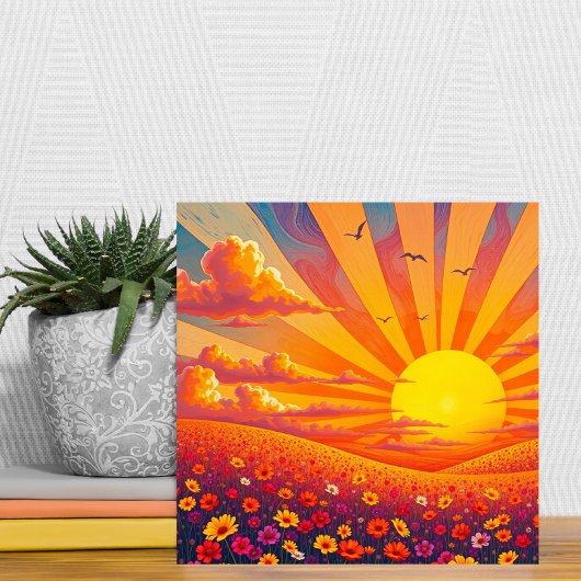 Stralende zonsondergang over grillig landschap tegeltje