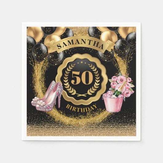 Stralende zwarte ballonnen servetten met roze hakk (Voorkant)