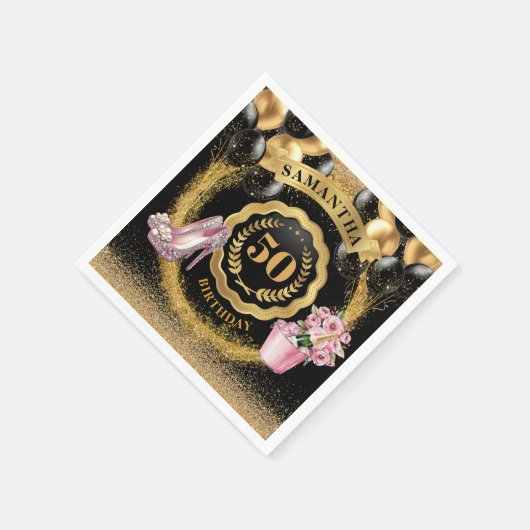 Stralende zwarte ballonnen servetten met roze hakk (Hoek)