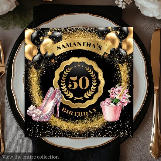 Stralende zwarte ballonnen servetten met roze hakk