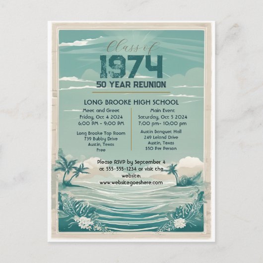 strand 1974 50 jaar High School Reunion Briefkaart (Voorkant)
