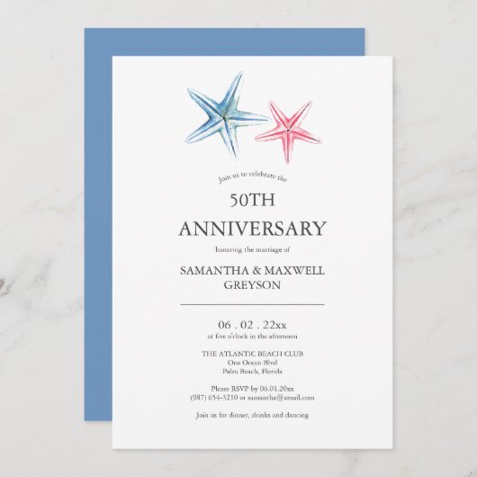 Strand 50e bruiloft Jubileum uitnodigingen (Voorkant / Achterkant)