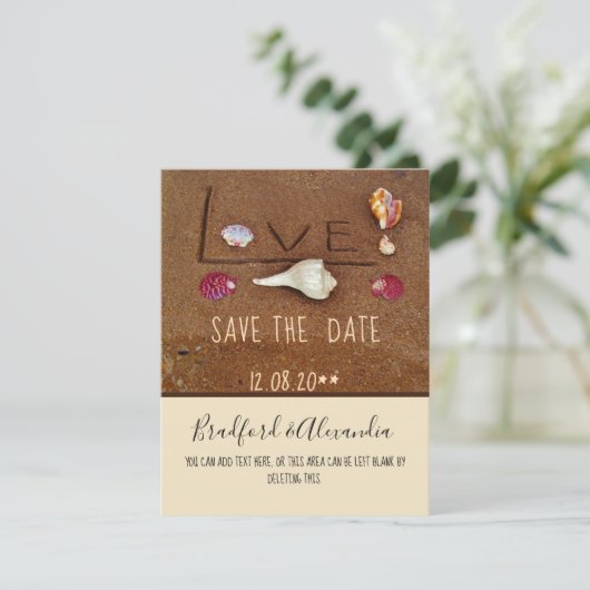 Strand aangepaste bruiloft Shells & Love Save The Date (Staand voorkant)