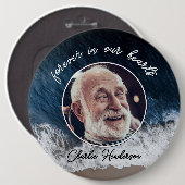 Strand aangepaste tekst rouw-/herdenkingsfoto trib ronde button 6,0 cm (Voorkant /achterkant)