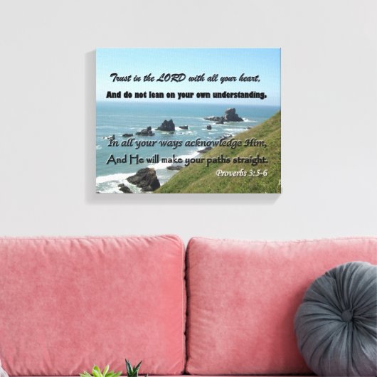 Strand Afbeelding met Schrift van Spreuken 3:5-6 Canvas Afdruk (Insitu (Woonkamer))