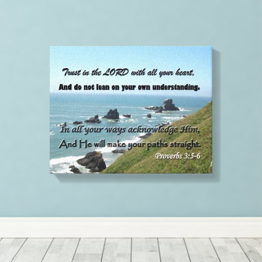 Strand Afbeelding met Schrift van Spreuken 3:5-6 Canvas Afdruk (Insitu (Houten vloer))