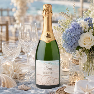 Strand al wat we zien is liefde harten trouwen sparkling wijnetiket