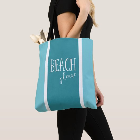 Strand alsjeblieft blauwgroen witte strepen typogr tote bag (Dichtbij)